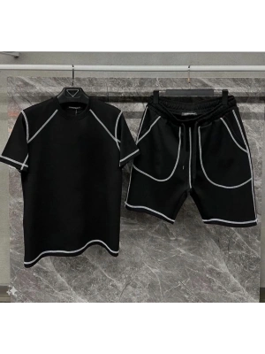 Erkek Karoyaka Dikişli Şortlu Alt-Üst Takım - Siyah
