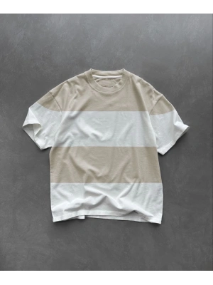 Erkek  Kısa kol  Bisiklet Yaka Parçalı T-Shirt - Bej