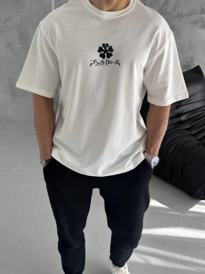 Erkek Kısa Kol Tişört Bisiklet Yaka YONCA Baskılı Oversize T-Shirt -  Beyaz