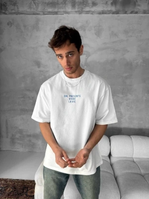 Erkek Ön ve Arka Baskılı T-Shirt Kısa Kol Bisiklet Yaka Regular Fit Tişört - Beyaz