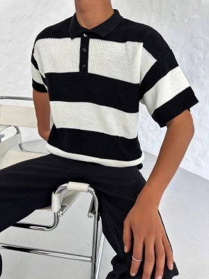 Erkek Polo Yaka Düğmeli Triko T-Shirt - Siyah