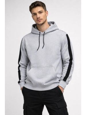 Erkek Şeritli Kapüşonlu Oversize Sweatshirt 3 iplik Pamuklu hoodie - Beyaz