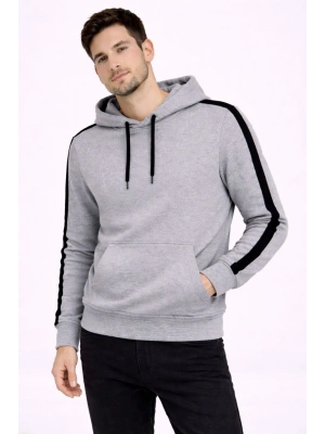 Erkek Şeritli Kapüşonlu Sweatshirt Oversize 3 iplik Pamuklu Hoodie - Gri
