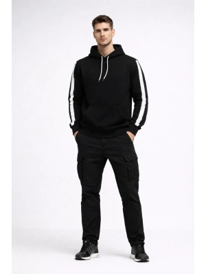 Erkek Şeritli Kapüşonlu Sweatshirt Oversize 3 iplik Pamuklu Hoodie - Siyah