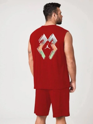 Erkek Sırt Baskılı Sıfır Kol İkili Şort Alt-Üst Takım - Kırmızı