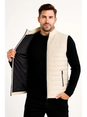 Erkek Şişme Fermuarlı Su İtici Kapitone Astarlı, Cepli Yelek - Bej