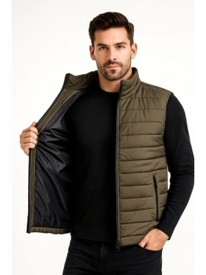 Erkek Şişme Fermuarlı Su İtici Kapitone Astarlı, Cepli Yelek - Haki