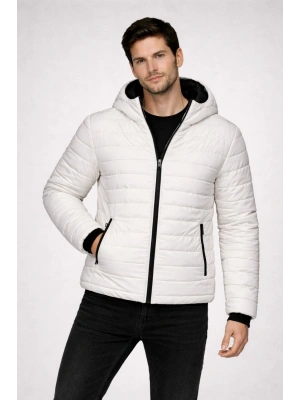 ERKEK Şişme Kapüşonlu Fermuarlı Mont Su İtici Kapitone Cepli Ceket - Krem