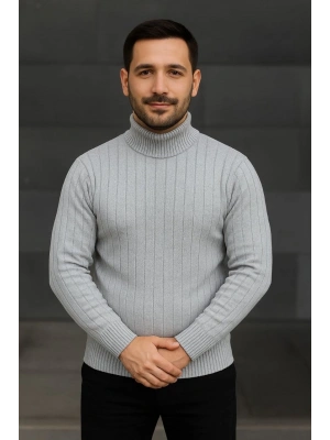 Erkek Tam Boğazlı Balıkçı Yaka Triko Kazak Kalın Fitilli -  Gri