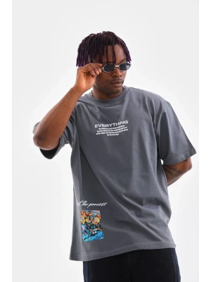 Erkek Tişort  Bisiklet Yaka Baskılı Oversize T-Shirt - Gri