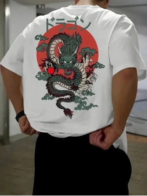 Erkek Tişört Penye Compack Ejder Baskılı Bisiklet Yaka T-shirt - Beyaz