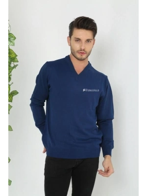 Erkek V Yaka Kazak Baskılı Dokuma Triko - İndigo