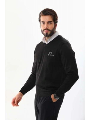 Erkek V Yaka Kazak Baskılı Dokuma Triko - Siyah