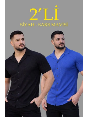 Erkek Waffle Kumaş Açık Yakalı Düğmeli Regular Fit Gömlek 2’li Set Siyah-Saks Mavisi