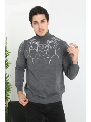 Erkek Yarım Bağazlı Kazak Baskılı Dokuma Triko - Antrasit