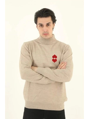 Erkek Yarım Bağazlı Kazak Baskılı Dokuma Triko - Bej