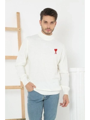 Erkek Yarım Bağazlı Kazak Baskılı Dokuma Triko - Beyaz