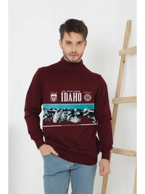 Erkek Yarım Bağazlı Kazak Baskılı Dokuma Triko - Bordo