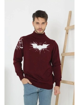 Erkek Yarım Bağazlı Kazak Baskılı Dokuma Triko - Bordo