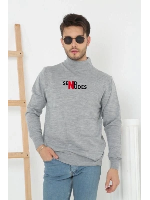 Erkek Yarım Bağazlı Kazak Baskılı Dokuma Triko - Gri