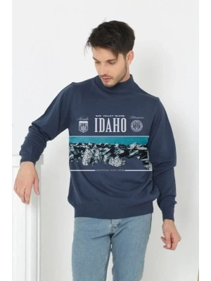 Erkek Yarım Bağazlı Kazak Baskılı Dokuma Triko - Indigo