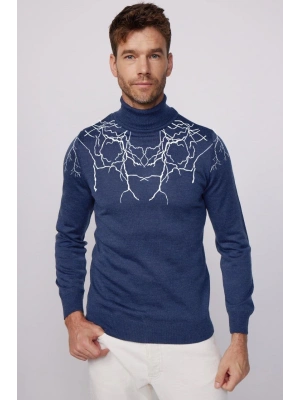 Erkek Yarım Bağazlı Kazak Baskılı Dokuma Triko - ndigo