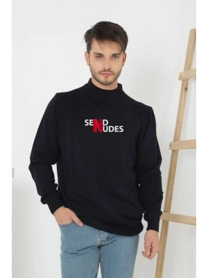 Erkek Yarım Bağazlı Kazak Baskılı Dokuma Triko - Siyah