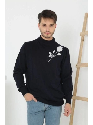 Erkek Yarım Bağazlı Kazak Baskılı Dokuma Triko - Siyah