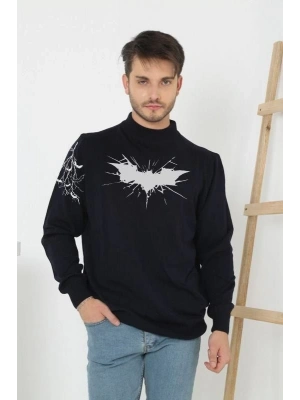 Erkek Yarım Bağazlı Kazak Baskılı Dokuma Triko - Siyah