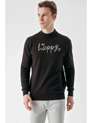 Erkek Yarım Bağazlı Kazak Baskılı Dokuma Triko - Siyah