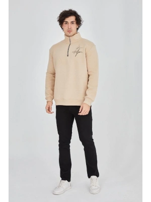 Erkek Yarım Fermuarlı Baskılı 3 iplik pamuklu sweatshirt - Bej