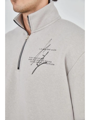 Erkek Yarım Fermuarlı Baskılı 3 iplik pamuklu sweatshirt - Boyalı Gri