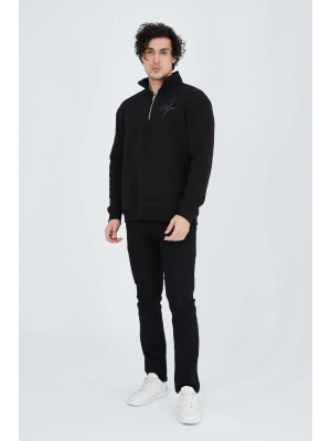 Erkek Yarım Fermuarlı Baskılı 3  iplik pamuklu sweatshirt - Siyah