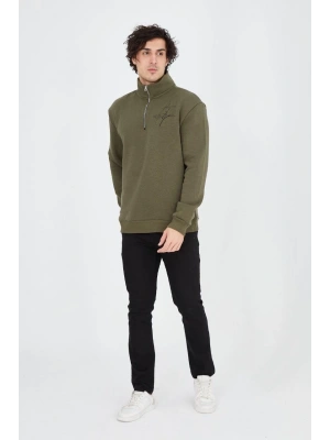 Erkek Yarım Fermuarlı Baskılı 3 iplik pamuklu sweatshirt - Yeşil