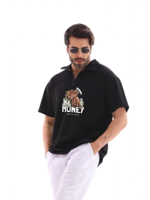 Erkek Yarım Fermuarlı Oversize Baskılı T-Shirt - Siyah