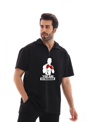 Erkek Yarım Fermuarlı Oversize Baskılı T-Shirt - Siyah