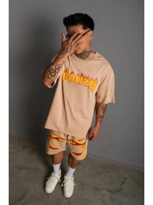 Erkek Alev Baskılı İkili Şortlu Takım - Bej