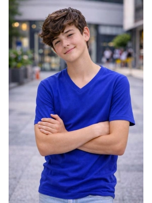 Genç Erkek Çocuk V Yaka Tişört Model - Saks Mavisi