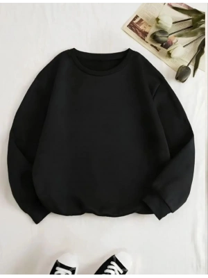 Kadın 3 İplik Pamuklu Bisikilet Yaka SweatShirt - Siyah