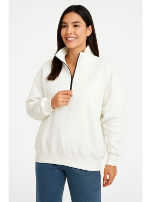 Kadın 3 İplik Pamuklu Dık Yaka Yarım Fermuarlı SweatShirt - Beyaz