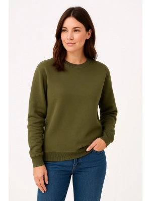 Kadın 3 İplik Pamuklu Düz Bisiklet Yaka SweatShirt - Haki