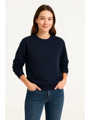 Kadın 3 İplik Pamuklu Düz Bisiklet Yaka SweatShirt - Lacivert