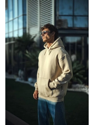 Kadın 3 İplik Pamuklu Kapüşonlu Kanguru Cepli Oversize Hoodie Sweatshirt - Bej