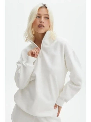 Kadın 3 İplik Pamuklu Oversize Yarım Fermuarlı Yakalı Basic Sweatshirt - Beyaz