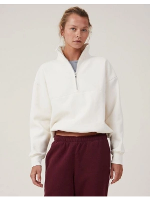 Kadın 3 İplik Pamuklu Oversize Yarım Fermuarlı Yakalı Basic Sweatshirt - Beyaz