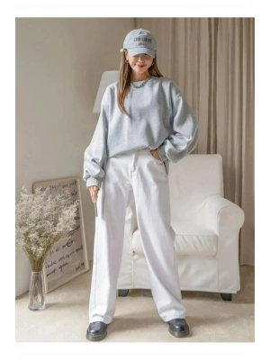 Kadın 3 İplik Pamuklu Oversize Yarım Fermuarlı Yakalı Basic Sweatshirt - Gri