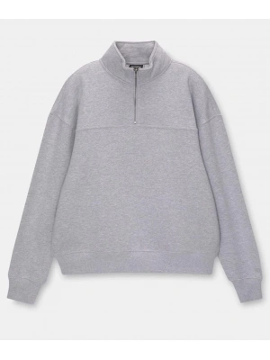 Kadın 3 İplik Pamuklu Oversize Yarım Fermuarlı Yakalı Basic Sweatshirt - Gri