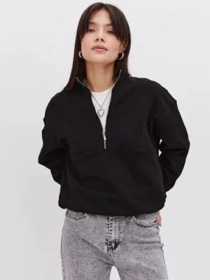 Kadın 3 İplik Pamuklu Oversize Yarım Fermuarlı Yakalı Basic Sweatshirt - Siyah