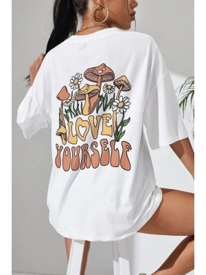 Kadın Baskılı Oversize kısa kol T-Shirt - Beyaz
