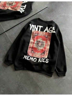 Kadın Bisiklet Yaka 3 İplik pamuklu Baskılı Oversize SweatShirt - Siyah